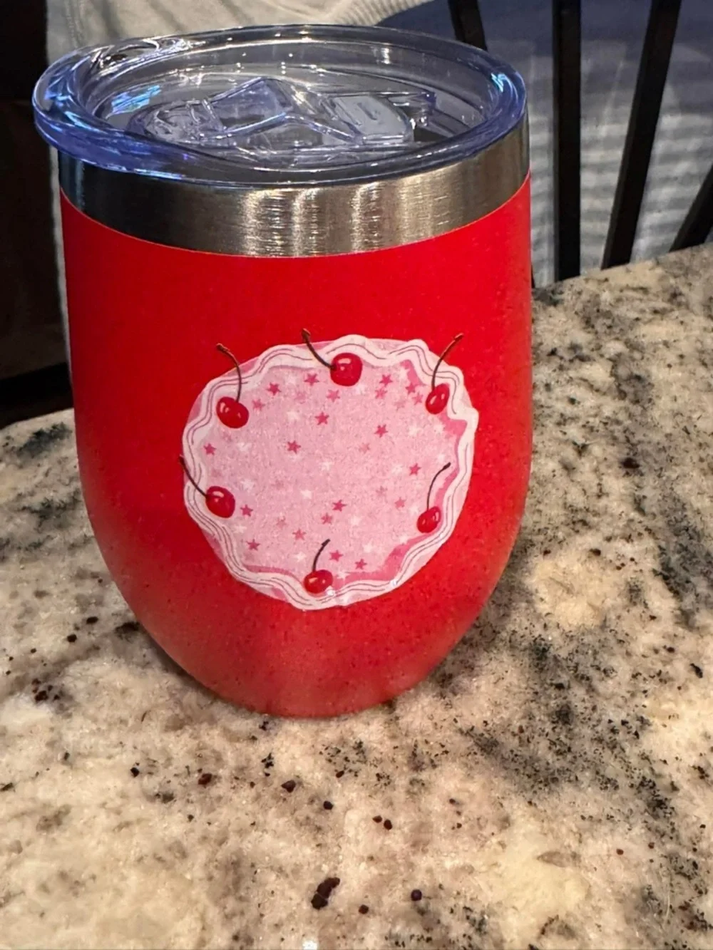Red Stainless Steel Insulated Tumbler with Cherry Design - 4 1/2”x 3” New in box